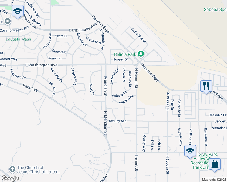 map of restaurants, bars, coffee shops, grocery stores, and more near 4211 Wilbur Court in Hemet
