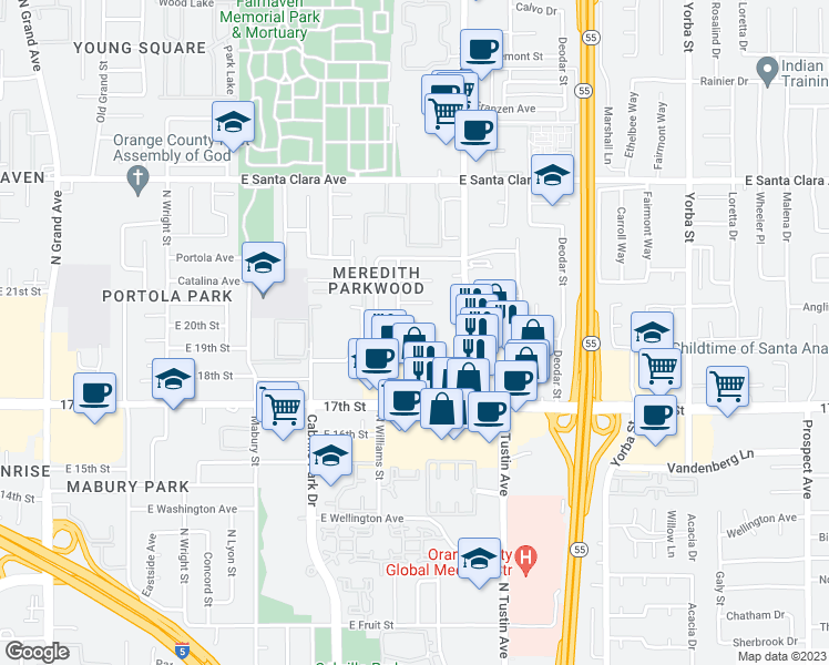 map of restaurants, bars, coffee shops, grocery stores, and more near 2110 Plumwood Lane in Santa Ana