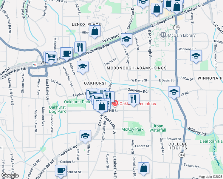 map of restaurants, bars, coffee shops, grocery stores, and more near 735 Oakview Road in Decatur