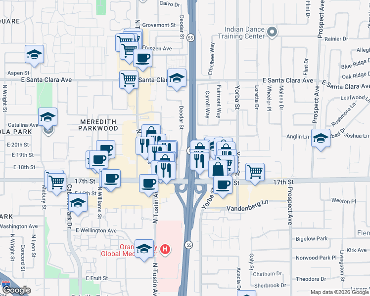 map of restaurants, bars, coffee shops, grocery stores, and more near 13822 Deodar Street in Santa Ana