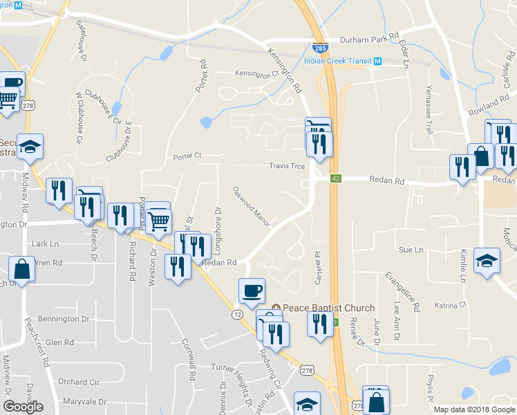 map of restaurants, bars, coffee shops, grocery stores, and more near 1113 Oakwood Manor Cove in Decatur