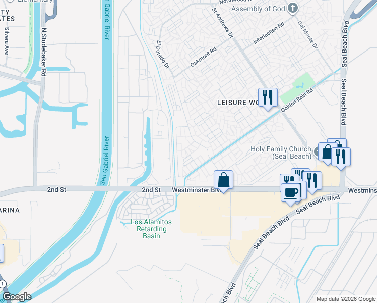 map of restaurants, bars, coffee shops, grocery stores, and more near 13822 Fresh Meadow Lane in Seal Beach