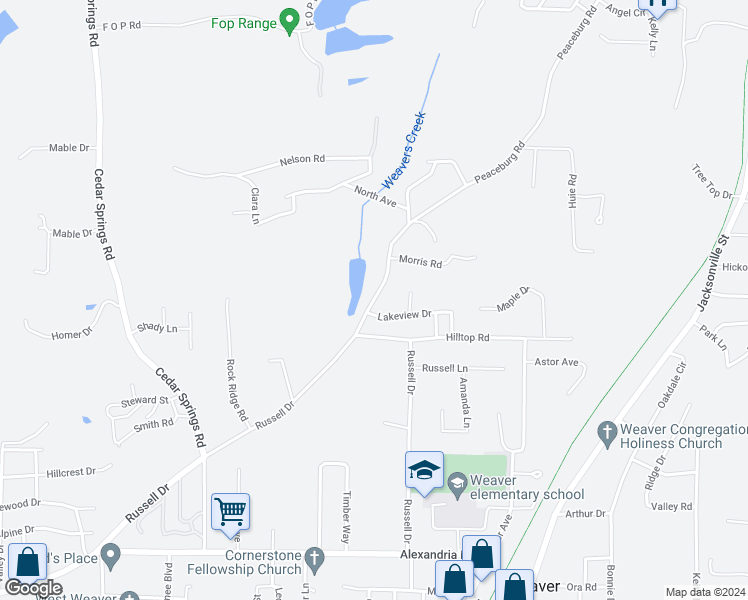 map of restaurants, bars, coffee shops, grocery stores, and more near 1320 Peaceburg Road in Weaver