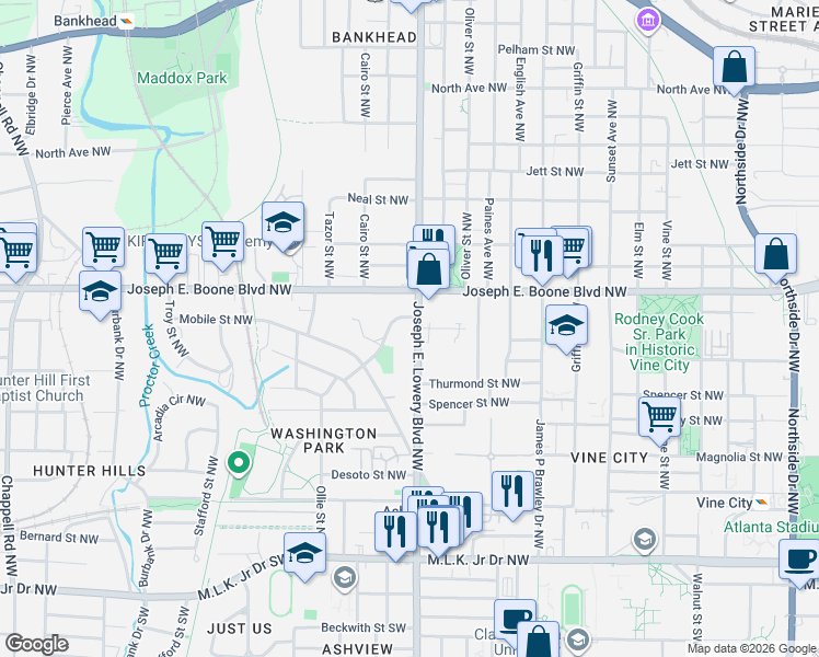 map of restaurants, bars, coffee shops, grocery stores, and more near 968 Ashby Circle Northwest in Atlanta