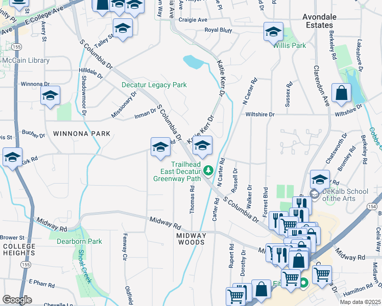 map of restaurants, bars, coffee shops, grocery stores, and more near 834 South Columbia Drive in Decatur