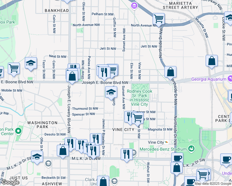 map of restaurants, bars, coffee shops, grocery stores, and more near 281 Griffin Street Northwest in Atlanta
