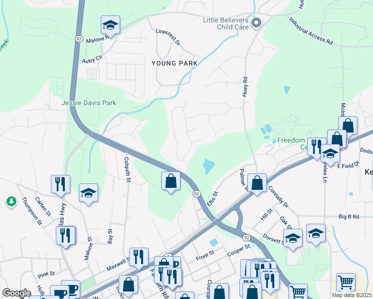 map of restaurants, bars, coffee shops, grocery stores, and more near 6347 New Gate Drive in Douglasville