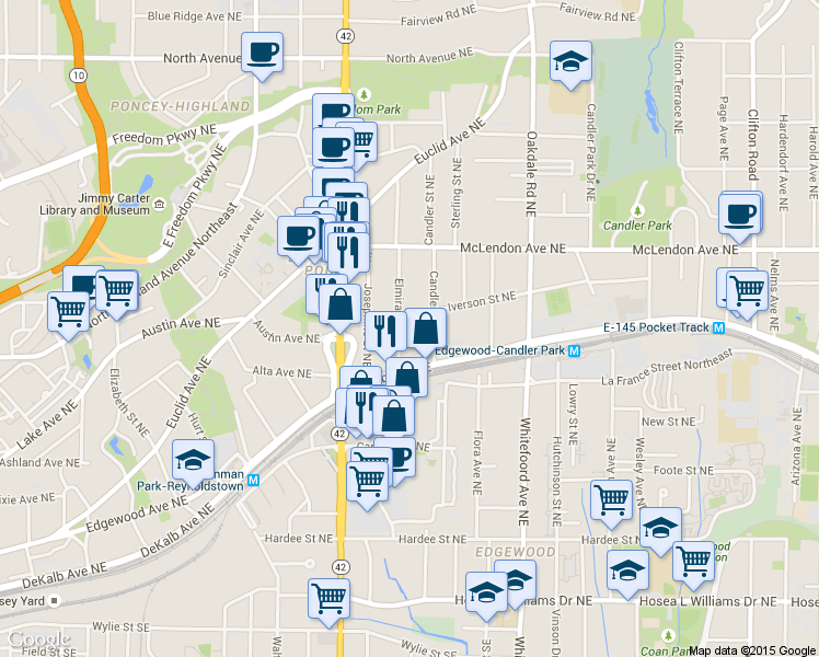 map of restaurants, bars, coffee shops, grocery stores, and more near 291 Elmira Place Northeast in Atlanta