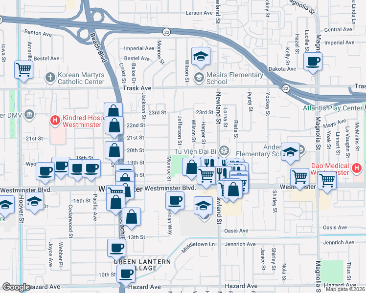 map of restaurants, bars, coffee shops, grocery stores, and more near 8316 20th Street in Westminster