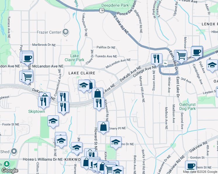 map of restaurants, bars, coffee shops, grocery stores, and more near 2038 DeKalb Avenue Northeast in Atlanta