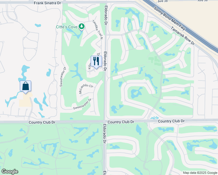 map of restaurants, bars, coffee shops, grocery stores, and more near 39444 Narcissus Way in Palm Desert