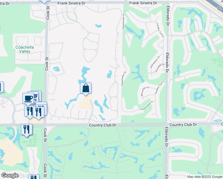 map of restaurants, bars, coffee shops, grocery stores, and more near 185 Desert Falls Drive East in Palm Desert
