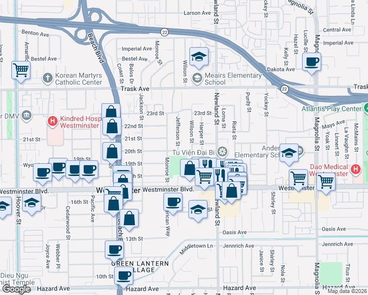 map of restaurants, bars, coffee shops, grocery stores, and more near 8311 20th Street in Westminster