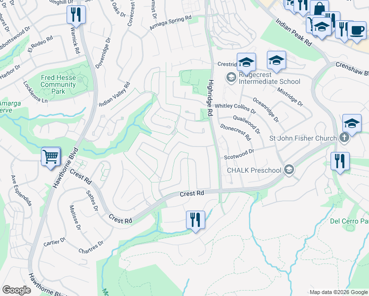 map of restaurants, bars, coffee shops, grocery stores, and more near 16 Country Meadow Road in Rolling Hills Estates