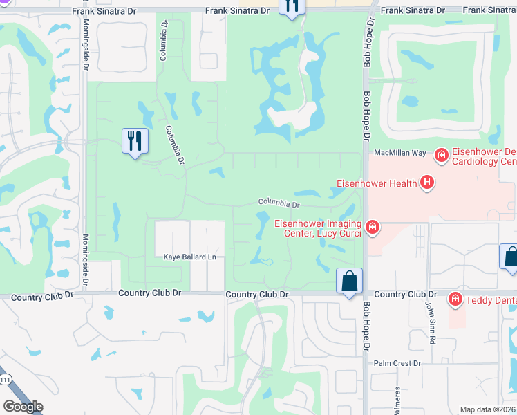 map of restaurants, bars, coffee shops, grocery stores, and more near 49 Columbia Drive in Rancho Mirage