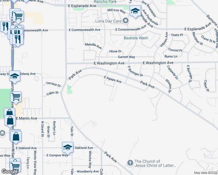 map of restaurants, bars, coffee shops, grocery stores, and more near 2452 Menlo Avenue in San Jacinto