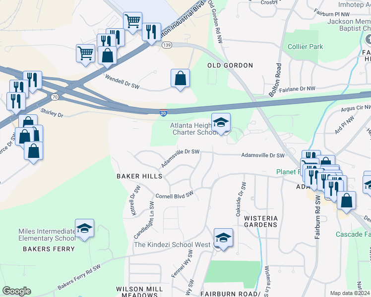 map of restaurants, bars, coffee shops, grocery stores, and more near 3949 Adamsville Drive Southwest in Atlanta