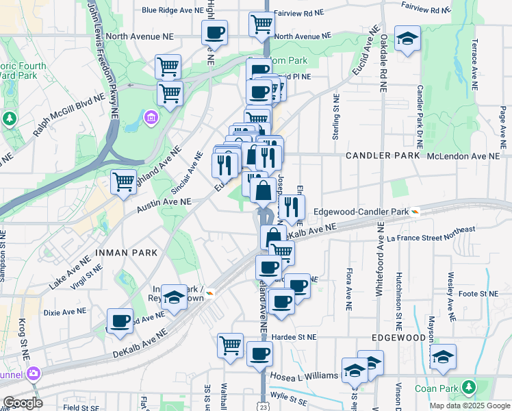 map of restaurants, bars, coffee shops, grocery stores, and more near 292 Moreland Avenue Northeast in Atlanta