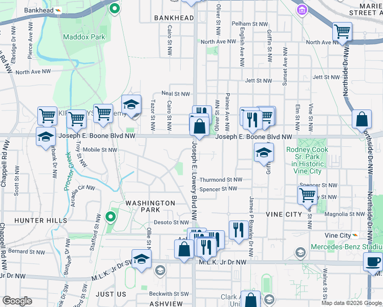 map of restaurants, bars, coffee shops, grocery stores, and more near 263 Joseph E. Lowery Boulevard Northwest in Atlanta