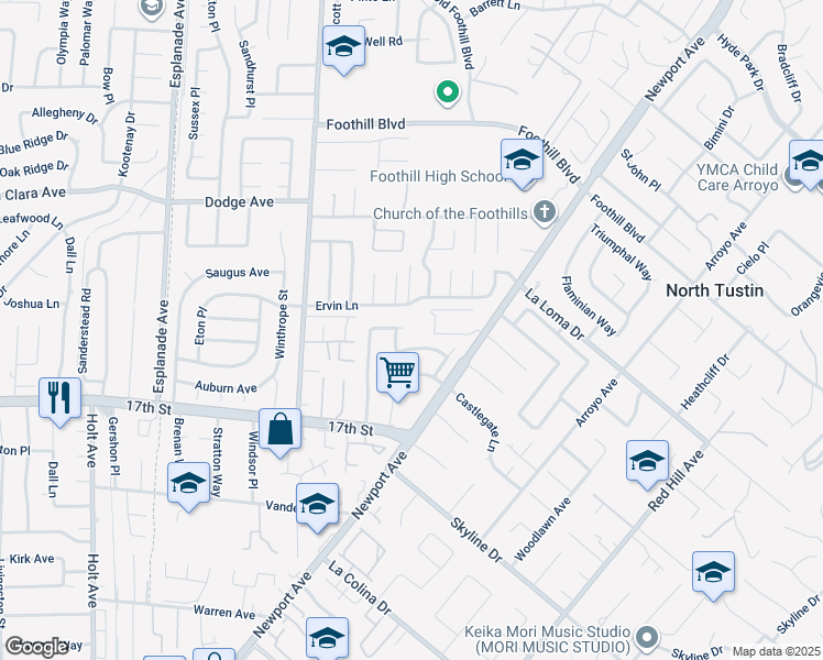 map of restaurants, bars, coffee shops, grocery stores, and more near 18982 Newton Avenue in Santa Ana