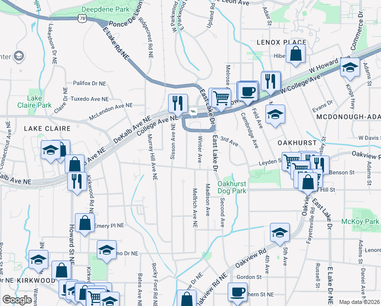 map of restaurants, bars, coffee shops, grocery stores, and more near 312 Leland Terrace Northeast in Atlanta