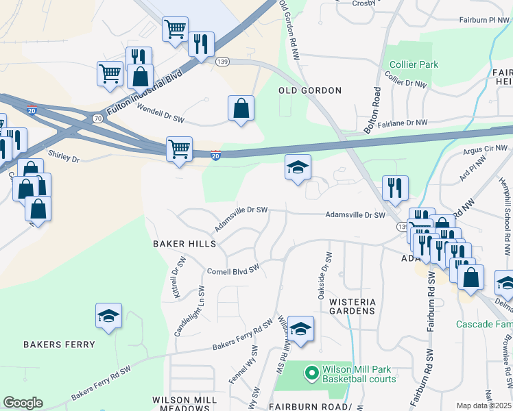 map of restaurants, bars, coffee shops, grocery stores, and more near 3920 Adamsville Drive Southwest in Atlanta