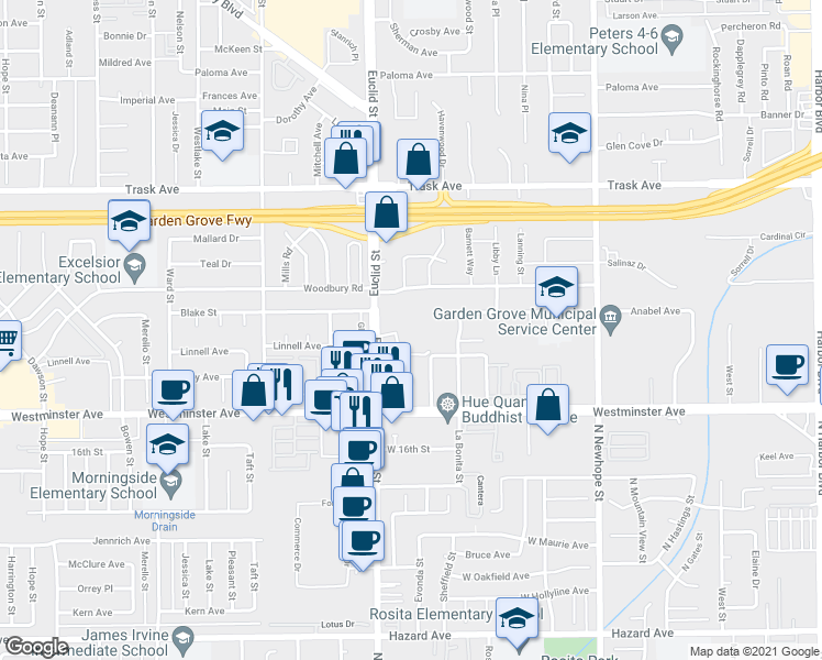 map of restaurants, bars, coffee shops, grocery stores, and more near 11050 Cynthia Circle in Garden Grove