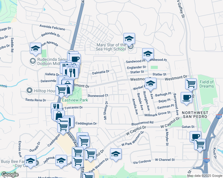 map of restaurants, bars, coffee shops, grocery stores, and more near 1921 Mount Shasta Drive in Los Angeles