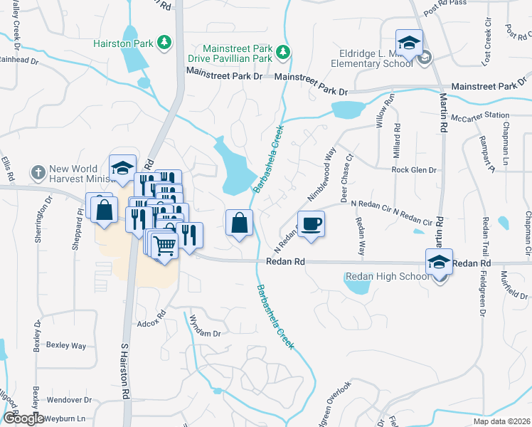 map of restaurants, bars, coffee shops, grocery stores, and more near 1147 Village Way in Stone Mountain