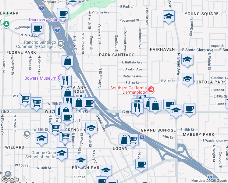 map of restaurants, bars, coffee shops, grocery stores, and more near 1909 Poinsettia Street North in Santa Ana