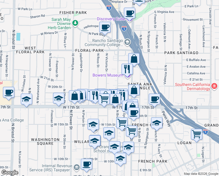map of restaurants, bars, coffee shops, grocery stores, and more near 1914 North Victoria Drive in Santa Ana