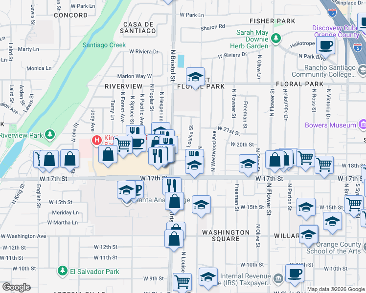 map of restaurants, bars, coffee shops, grocery stores, and more near 1809 North Louise Street in Santa Ana