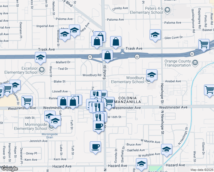 map of restaurants, bars, coffee shops, grocery stores, and more near 11012 Cynthia Circle in Garden Grove