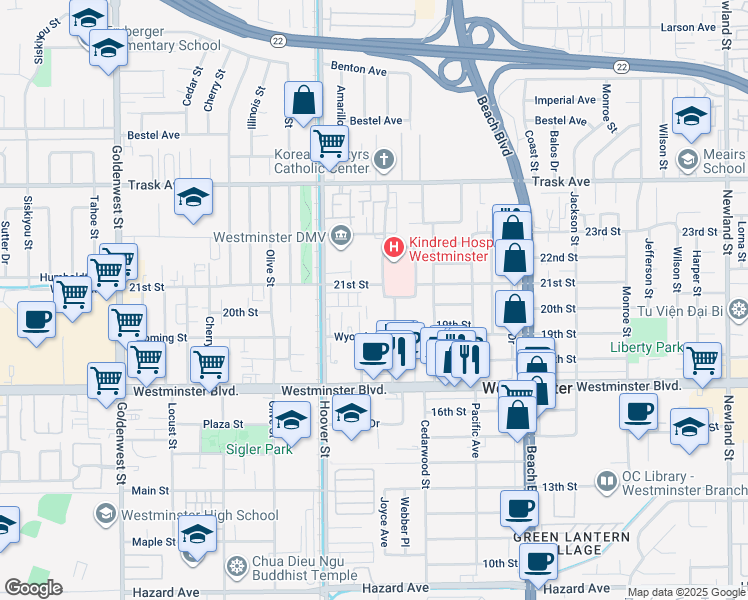 map of restaurants, bars, coffee shops, grocery stores, and more near 7631 Wyoming Street in Westminster