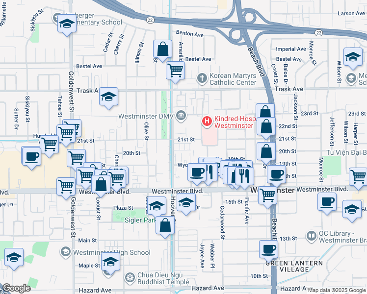 map of restaurants, bars, coffee shops, grocery stores, and more near 7571 Wyoming Street in Westminster