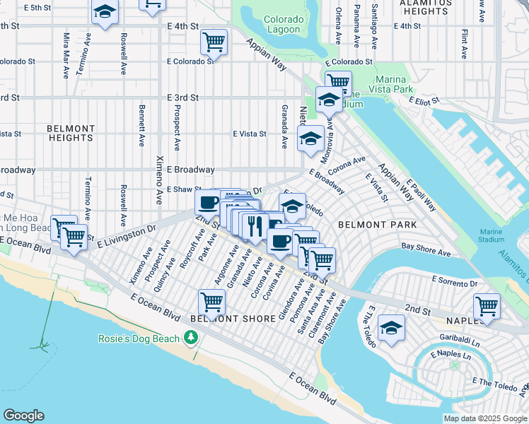 map of restaurants, bars, coffee shops, grocery stores, and more near 222 Argonne Avenue in Long Beach