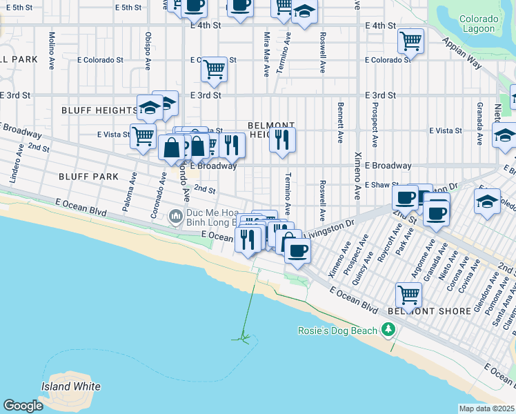 map of restaurants, bars, coffee shops, grocery stores, and more near in Long Beach