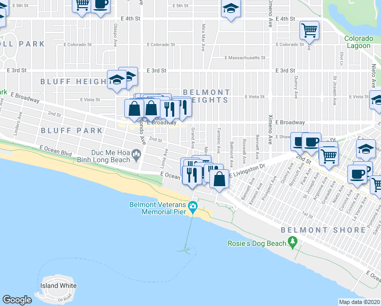 map of restaurants, bars, coffee shops, grocery stores, and more near 3665 East 1st Street in Long Beach