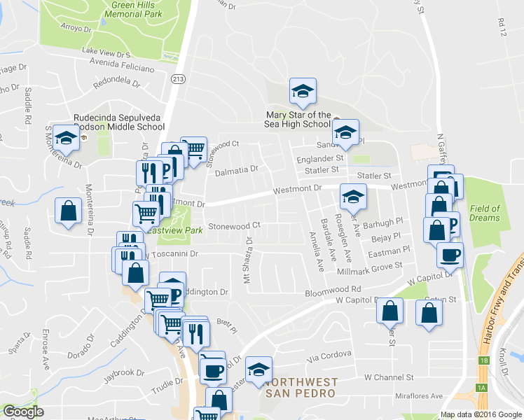 map of restaurants, bars, coffee shops, grocery stores, and more near 1311 Stonewood Court in Los Angeles