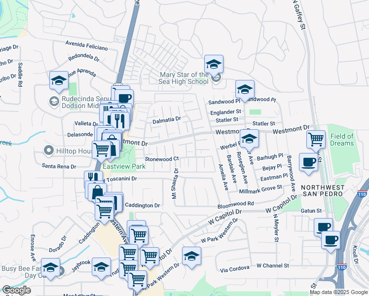 map of restaurants, bars, coffee shops, grocery stores, and more near 1311 Stonewood Court in Los Angeles