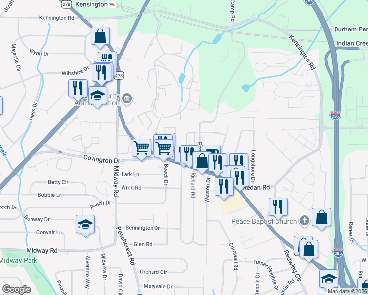 map of restaurants, bars, coffee shops, grocery stores, and more near 3728 Covington Highway in Decatur