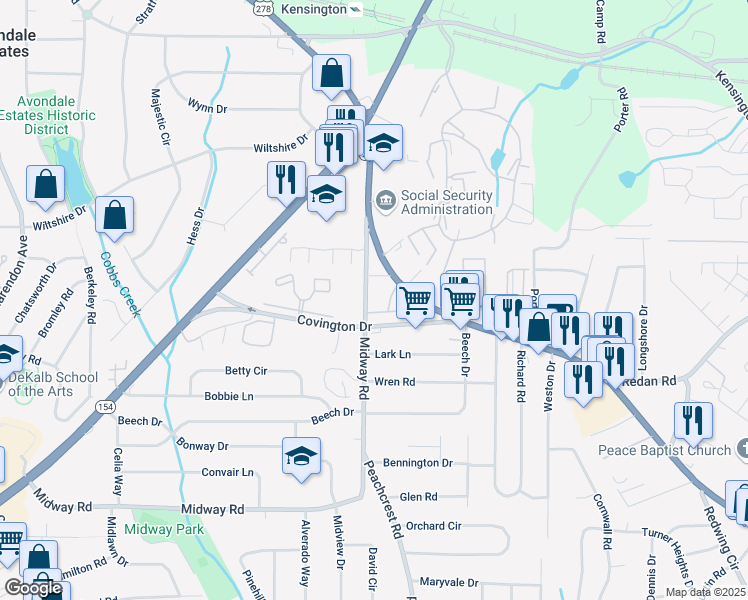 map of restaurants, bars, coffee shops, grocery stores, and more near 3310 Sangster Way in Decatur