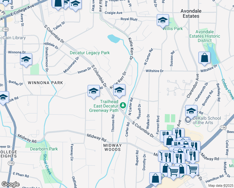 map of restaurants, bars, coffee shops, grocery stores, and more near 522 Hargrove Lane in Decatur