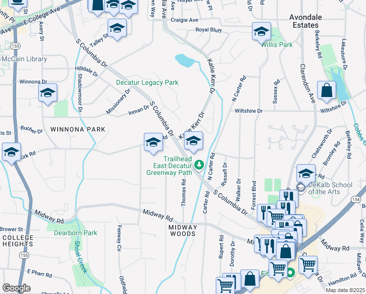 map of restaurants, bars, coffee shops, grocery stores, and more near 834 South Columbia Drive in Decatur