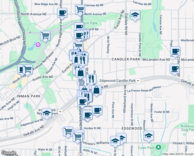 map of restaurants, bars, coffee shops, grocery stores, and more near 291 Elmira Place Northeast in Atlanta