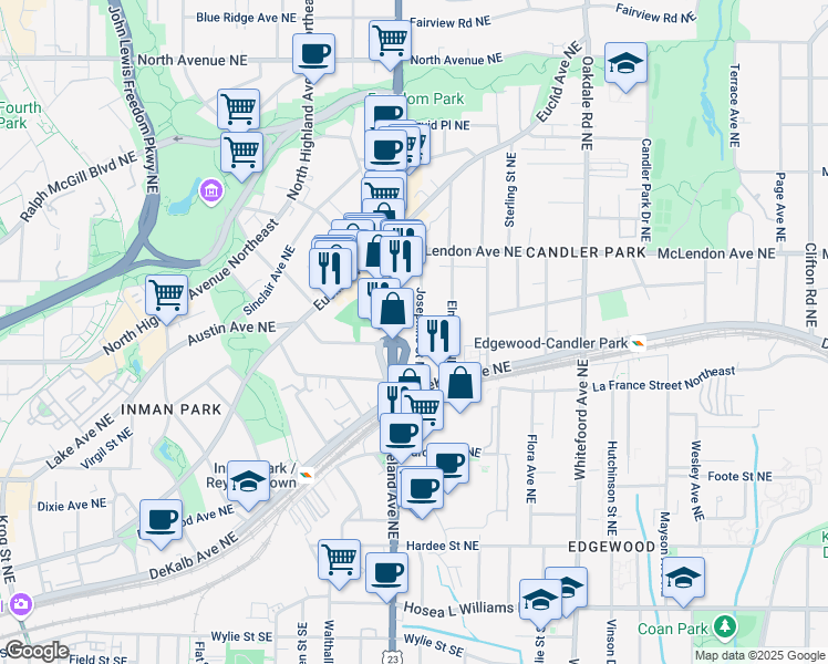map of restaurants, bars, coffee shops, grocery stores, and more near 292 Josephine Street Northeast in Atlanta