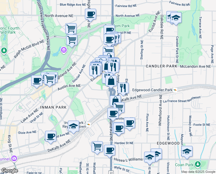 map of restaurants, bars, coffee shops, grocery stores, and more near 292 Moreland Avenue Northeast in Atlanta