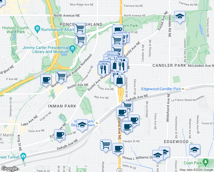 map of restaurants, bars, coffee shops, grocery stores, and more near 1112 Austin Avenue Northeast in Atlanta