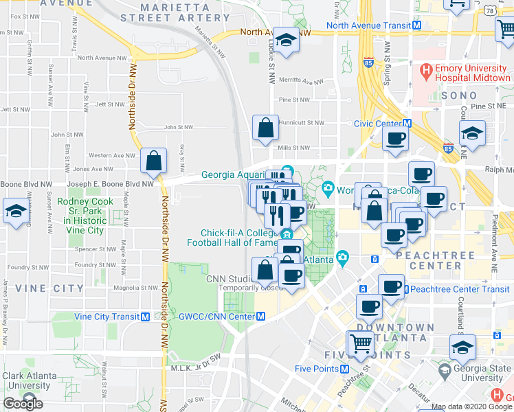 map of restaurants, bars, coffee shops, grocery stores, and more near 342 Marietta Street NorthWest in Atlanta