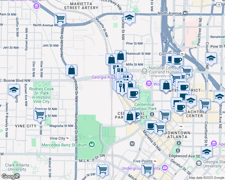 map of restaurants, bars, coffee shops, grocery stores, and more near 342 Marietta Street NorthWest in Atlanta